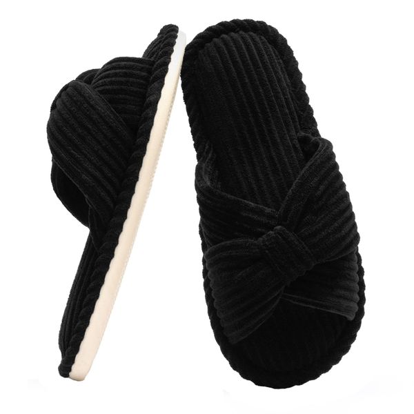 Women's Corduroy Slipper Memory Foam Open-Toe House Shoes Cross-Bow