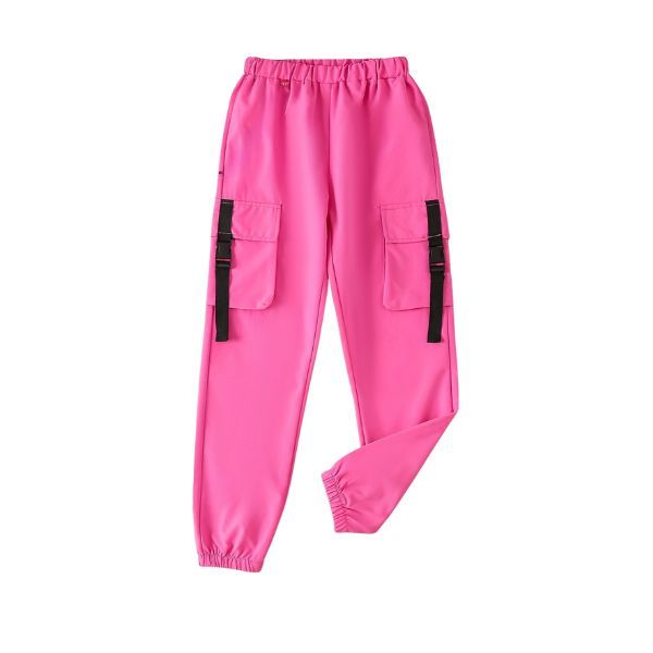 Pink Cargo Jogger Pants - High Waist Elastic Casual Streetwear