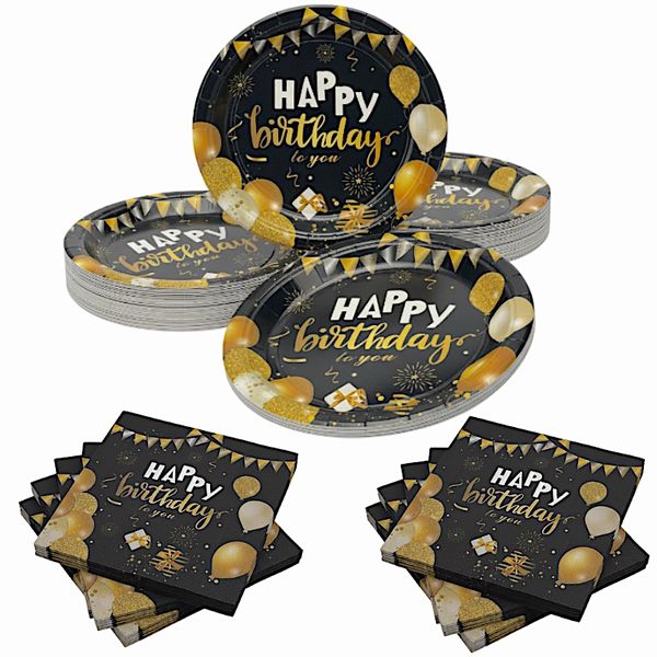Elegant Upmarket Designer "Happy Birthday" Disposable Paper Plates &amp; Cups