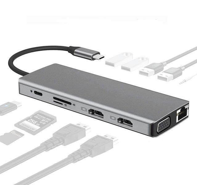 12 in 1 Type C HUB Adapter to 4K HDMI/VGA/RJ45/Ethernet/SD/TF/AUX (F1509)