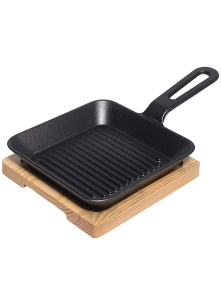 Square Cast Iron Sear and Serve Skillet and Wooden Serving Board