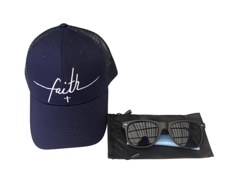 Faith - Embroidered Truckers Baseball Cap with Sunglasses Set