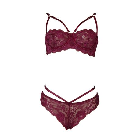 Adjustable Lace Bra and Thong Lingerie - Burgundy