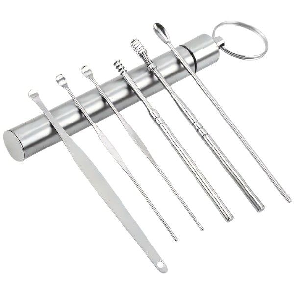 6 Piece - Stainless Steel Ear Cleaner Tool Set - Silver