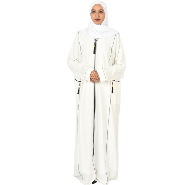 Elegant Women's Abaya White with Front Zipper &amp; Stylish Embroidery Details