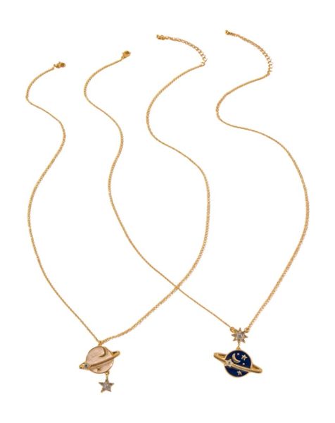 2 Piece - Celestial Planet Pendant Necklaces - Blue, Pink