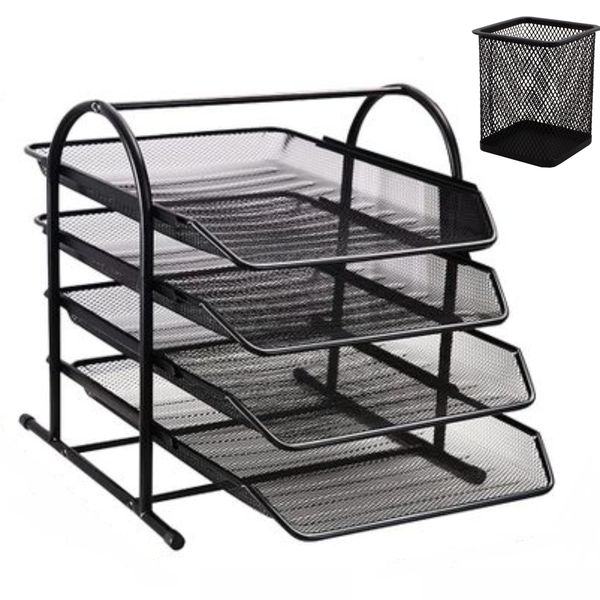 4-Tier Document Organiser Tray &amp; Square Mesh Stationary Cup