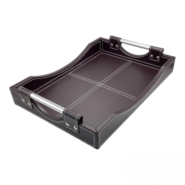 Brown Leather Tray With Steel Handles