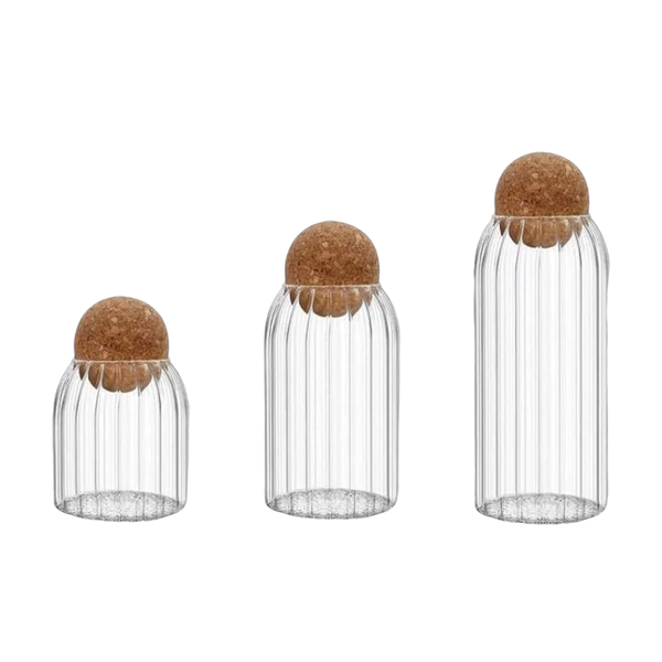 3 Piece Glass Jars with Cork Ball Lid Multi-size Ribbed Storage Container Set