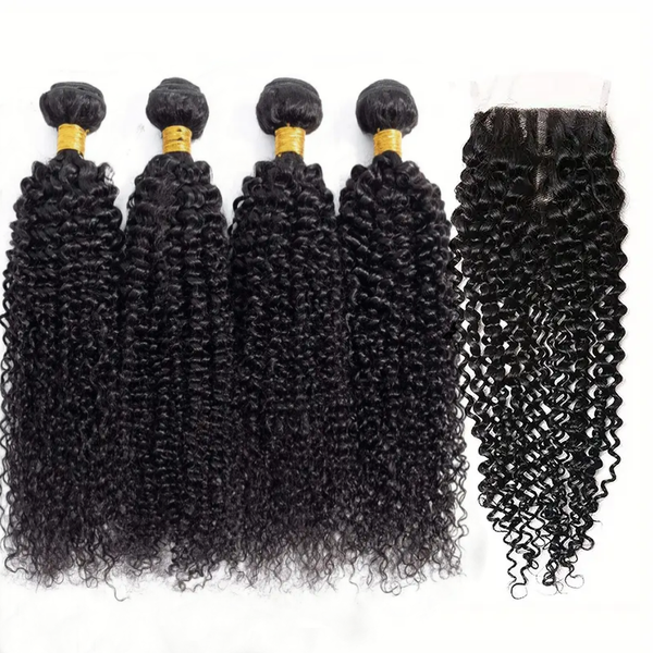 Golden Perfect 14-24" Brazilian Kinky Curly Bundles with Closure Human Hair