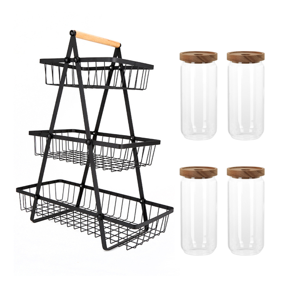 Wire and Wood 3 Tier Fruit basket with x4 1L Acacia Glass Canisters