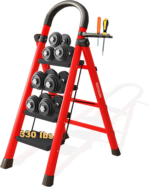 Round Headed 4 Step Ladder,Folding Step Stool,with Safety Buckle Tool Rack