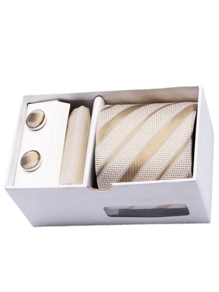 1 Set High-End Gold Striped Tie, Pocket Square, Cufflinks