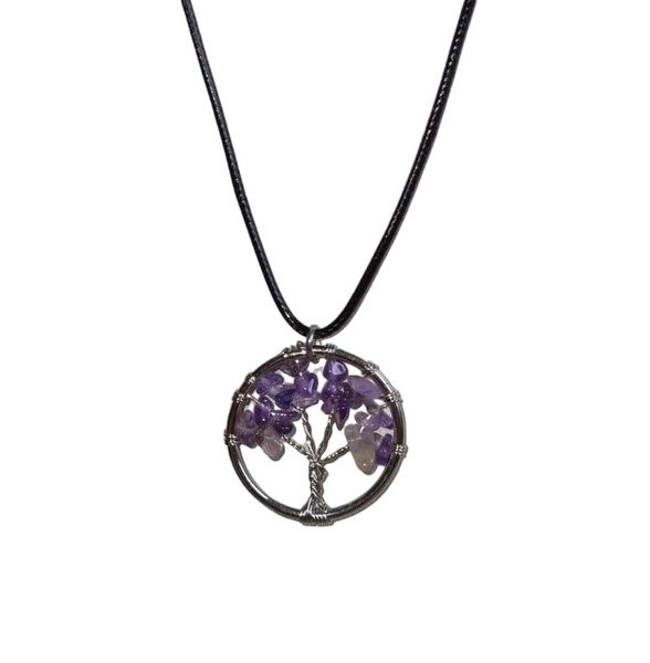 Earth Stone Collection - Round Amethyst Tree Of Life Stone Necklace