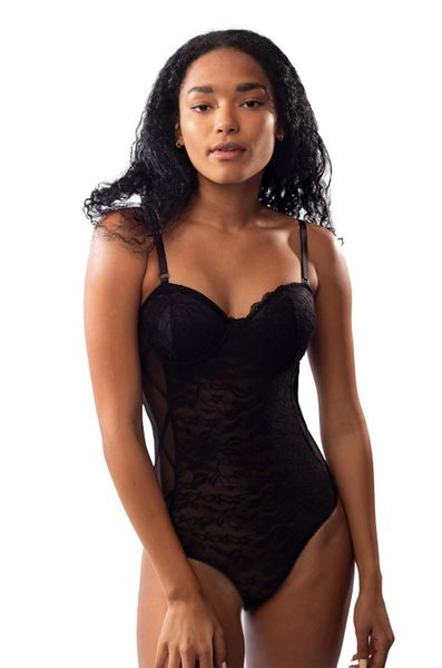 Black Bodysuit- Mesh and Scallop Lace Detail