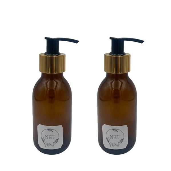 NBT Naturals -Empty Glass Bottle &amp;Gold &amp; Black Lotion Pump-Amber - 2 Pack