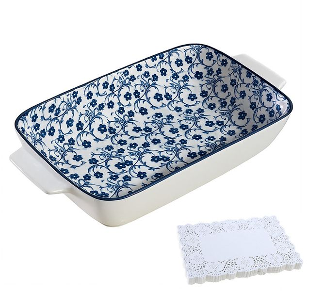 Faux Blue Floral Pattern Ceramic Bowl Baking Dish with 100pcs Paper Doilies