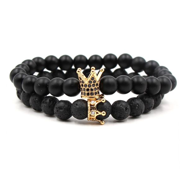 King/Queen Natural Lava Agate Stone Couple Bracelet Pair