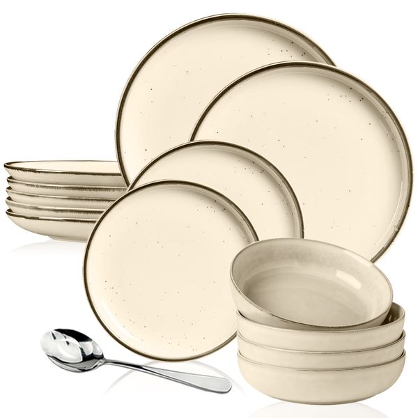 19 Piece Set - Natural Stoneware Vintage Look Beige Dinnerware Tableware