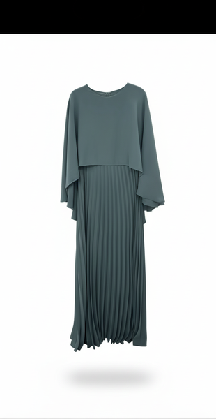 Sophisticated Teal Pleated Maxi Dress with Slitted Cape Detail