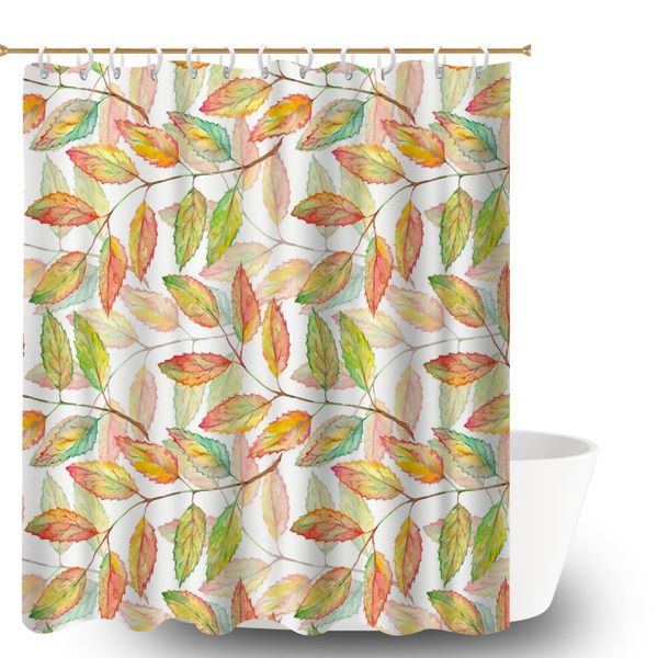 Leaf Print Shower Curtain with 12 Hooks, 180x180cm Backdrop for Bathroom