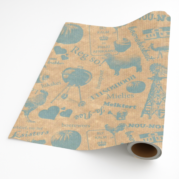 Gift Wrapping Paper 5m Roll - Local is Lekker Blue on Natural Brown Kraft