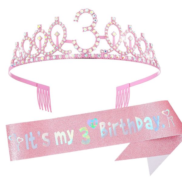 Birthday Sash and Crown Set Pink Party Supplies for 3 Year Old Girl's