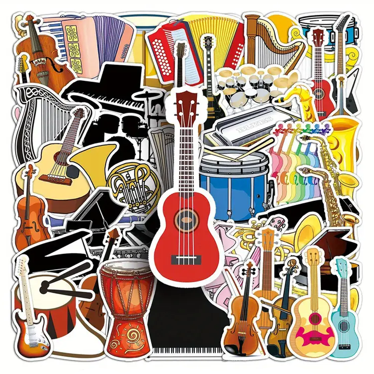 50-Piece Musical Instrument Vinyl Sticker Pack - Unrepeated Designs