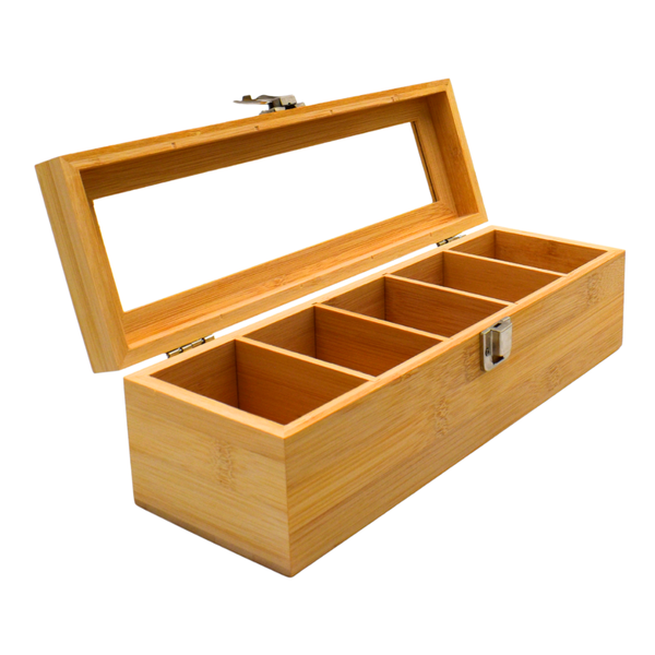 Bestby-5 Compartment Bamboo Tea Bag Storage Organizer Box with Clear Lid