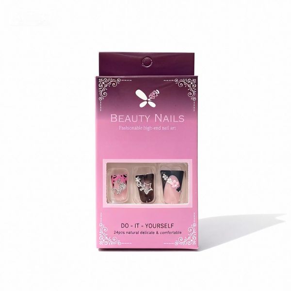 Press On Nails Duckbill Shape Rhinestone Music Note Star Black