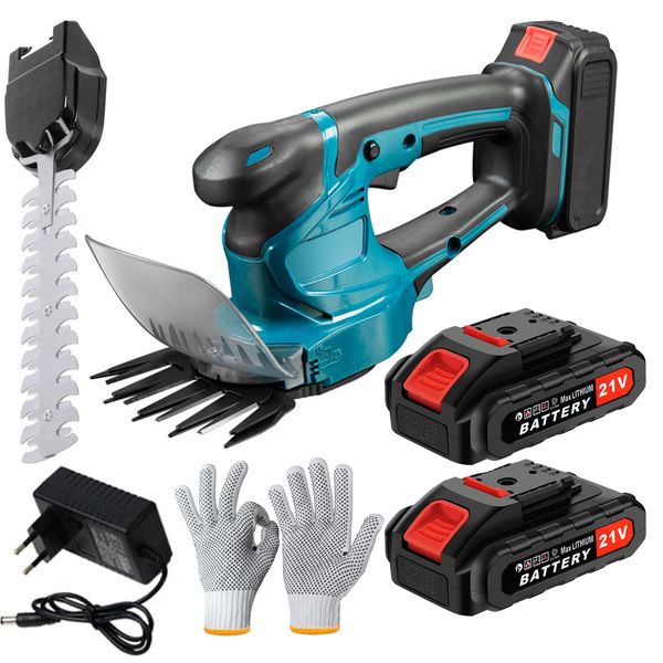 Cordless 21V Grass &amp; Hedge Trimmer Set, Battery, Charger, Blades &amp; Gloves