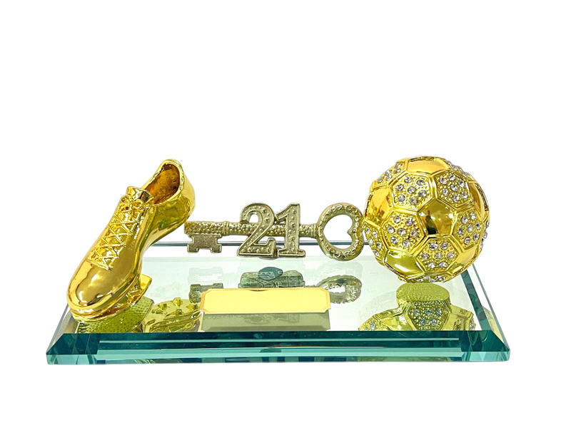 21st Key with Soccer Boot And Diamante Ball on Glass Mirror Base