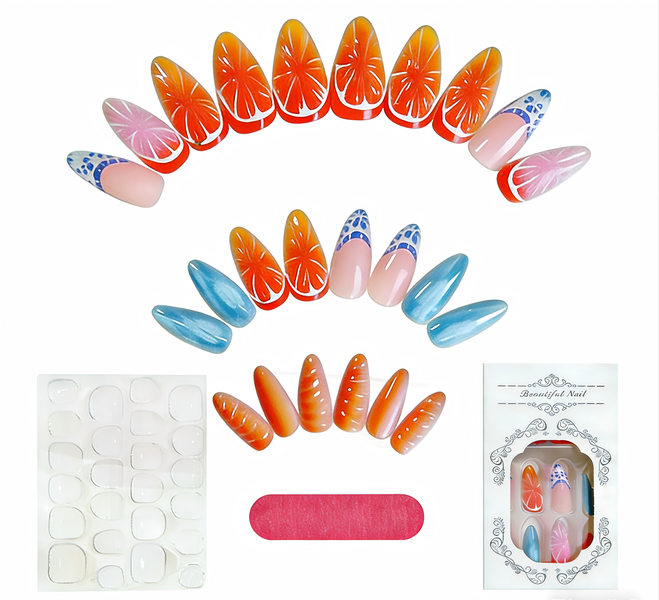 24-Pack Tropical 3D Press-On Nails - Floral Citrus Stiletto Fake Nails