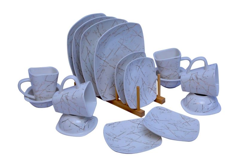16 Pieces Square Ceramic Dinner Set - White Marble Pattern