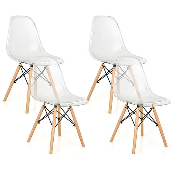 Set of 4 Dining Chairs Modern plastic shell side chair w/ clear wooden leg