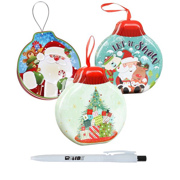Assorted Christmas Tin Round Gift/Candy Box Tree Decoration With ReVibe Pen
