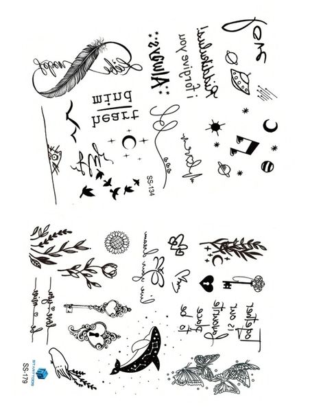 2 Sheets - Mini Whimsical Design Temporary Tattoo Set - Black
