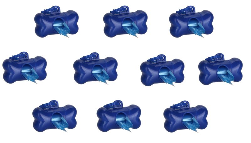 Ten Dog Poop Poo Plastic Bags Set for Pet Walking - Blue - Bone Shape Holder