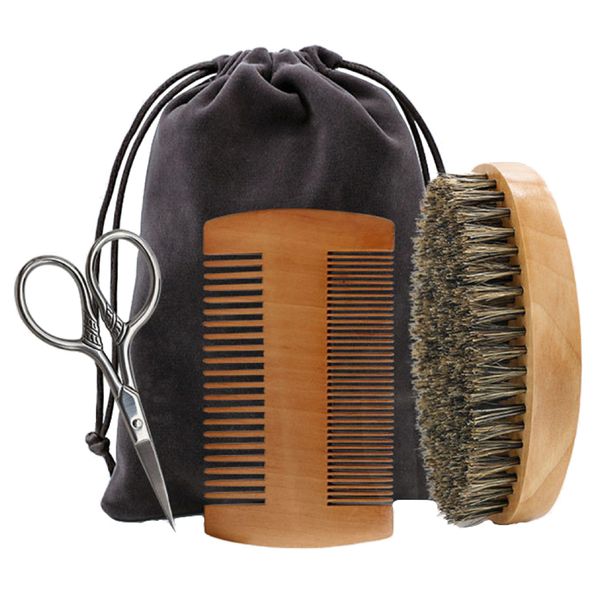 Fashion Soft Wooden Beard Brush,Comb&amp; Mustache Trimming Scissors 4 Set 11cm