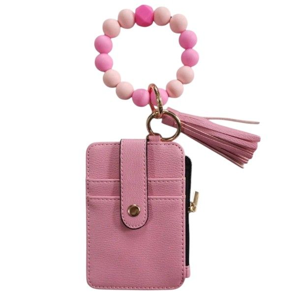 Wristlet Beaded Keychain Wallet with Zipper Pocket and Tassel Charm