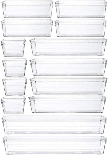 Sulfar 14pcs Clear Plastic Drawer Organizer Tray for Makeup,Kitchen Utensil