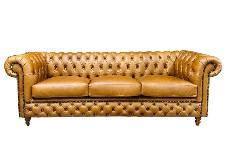 Wakefield Genuine Leather Tan Three Seater Chesterfield Sofa