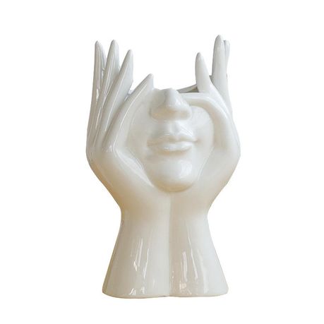 Herqona - Human Face Art Ceramic Vase, Sculpture White Planter Pot - White Image