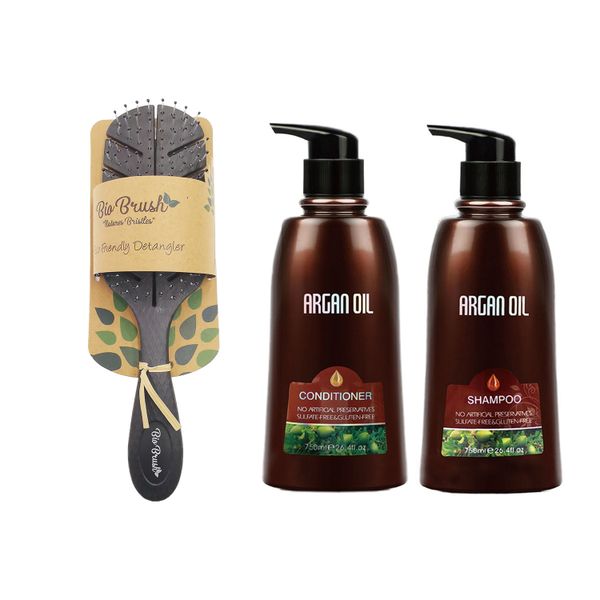 Bio Brush Detangling Brush - White Leaf Shape &amp; Argan Oil Twin Pack - 750ml