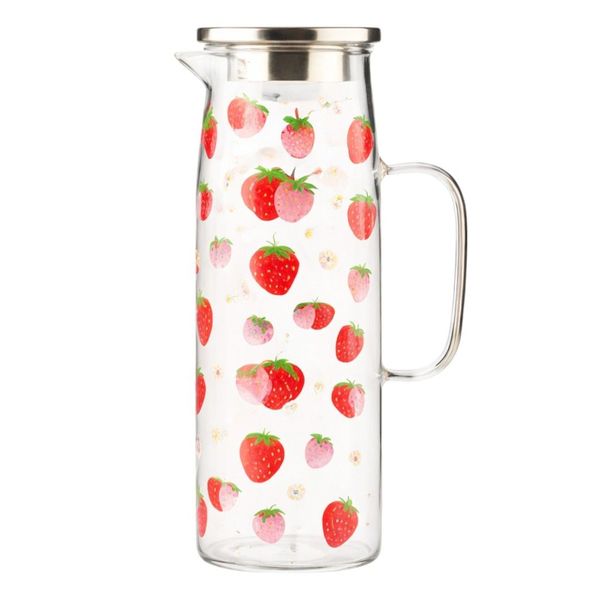 1.5L Strawberry Print Serving Glass Jug With Lid - Transparent