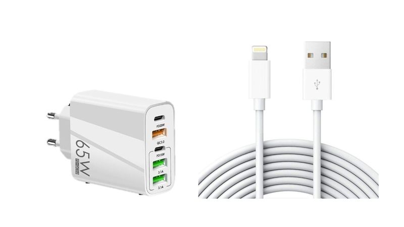 65 W Mobile Phone Multi-port USB PD Charger Plus Lightning USB Cable