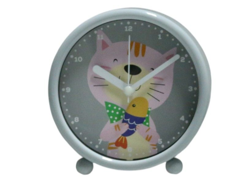 Grey Kids Square Battery Powered Analogue Clock with Cat Motif 10.8cm
