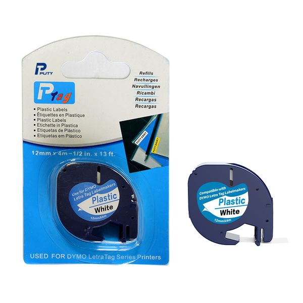 PUTY Compatible Dymo Letra TT2-DLT91201 Black on White Plastic 12mm Label