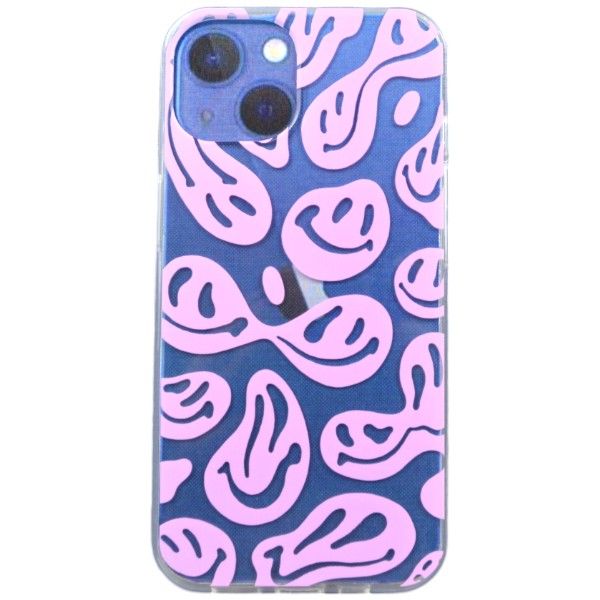 Pink Abstract Smiley Print Phone Case for iPhone 13 - Transparent
