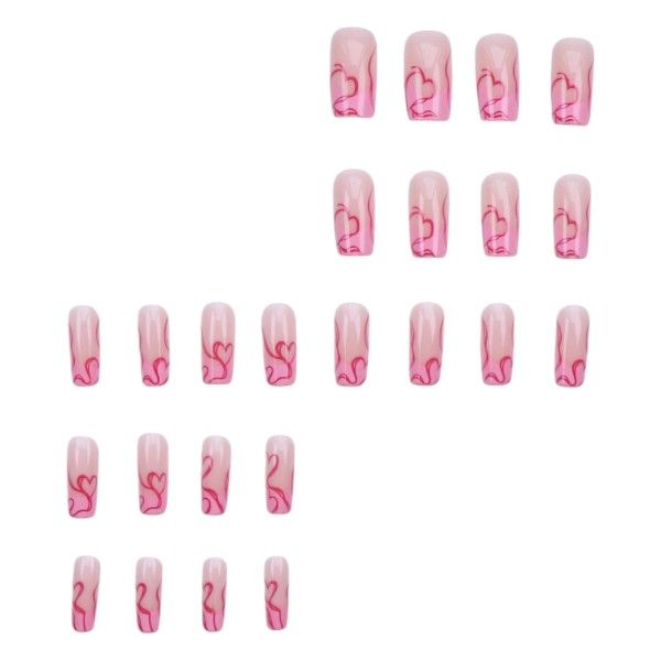 24 Piece - Medium Square French Heart Design Nails - Pink